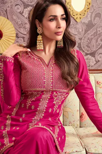 Rani pink chanderi silk heavy thread embroidery with sequins work kurta palazzo set