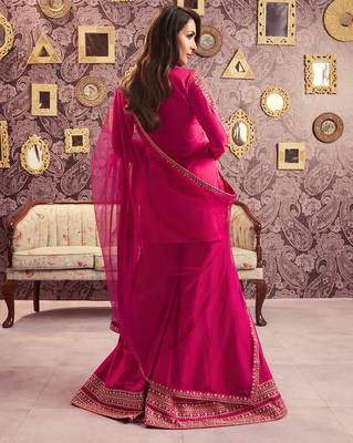 Rani pink chanderi silk heavy thread embroidery with sequins work kurta palazzo set 4
