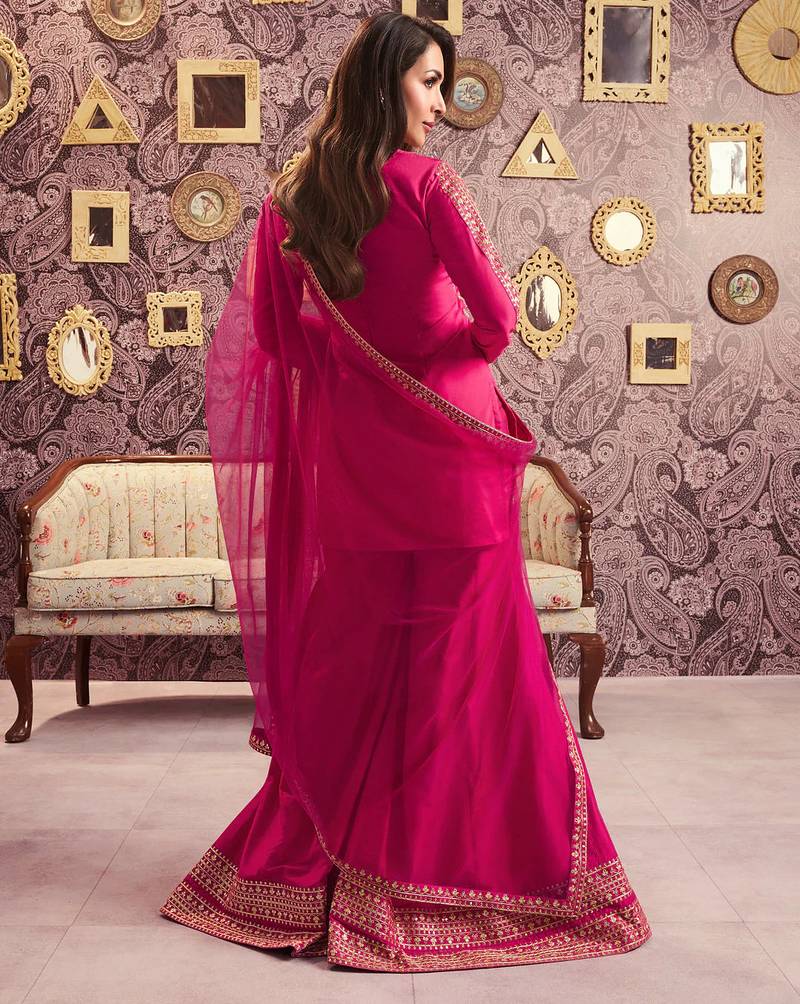 Rani pink chanderi silk heavy thread embroidery with sequins work kurta palazzo set