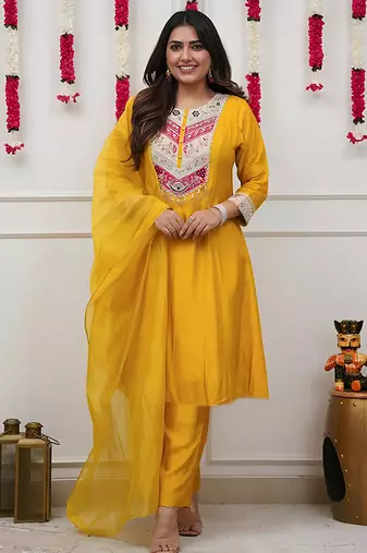 Yellow chanderi heavy thread embroidery work kurta pant set