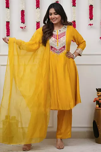 Yellow chanderi heavy thread embroidery work kurta pant set