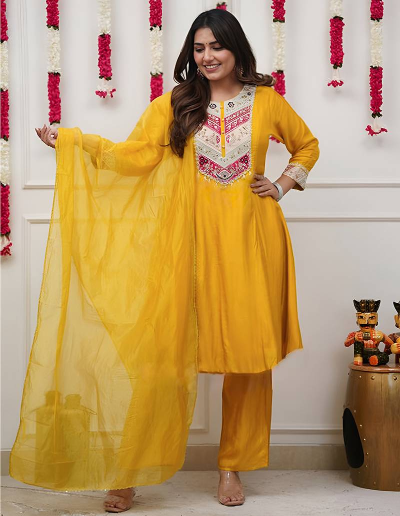 Yellow chanderi heavy thread embroidery work kurta pant set