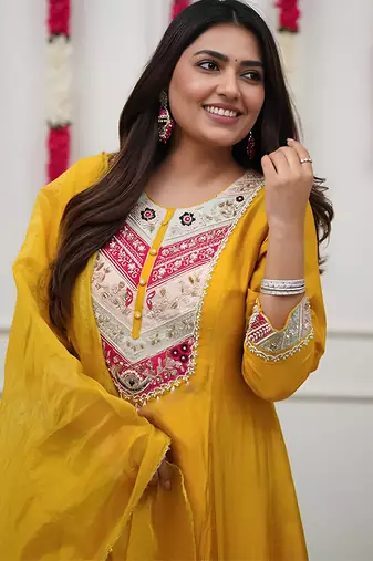 Yellow chanderi heavy thread embroidery work kurta pant set