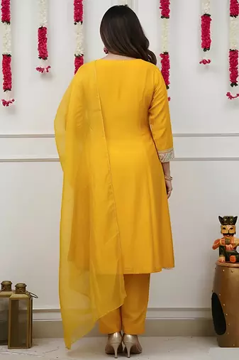 Yellow chanderi heavy thread embroidery work kurta pant set