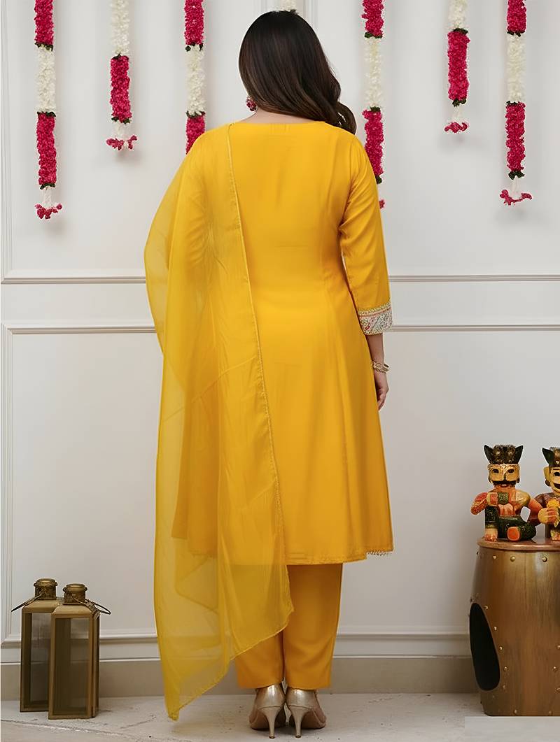 Yellow chanderi heavy thread embroidery work kurta pant set