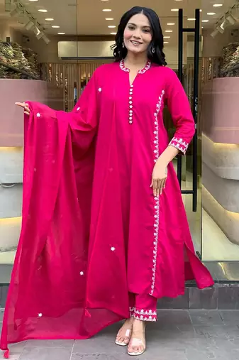 Rani pink p.v chanderi heavy thread embroidery work kurta pant set
