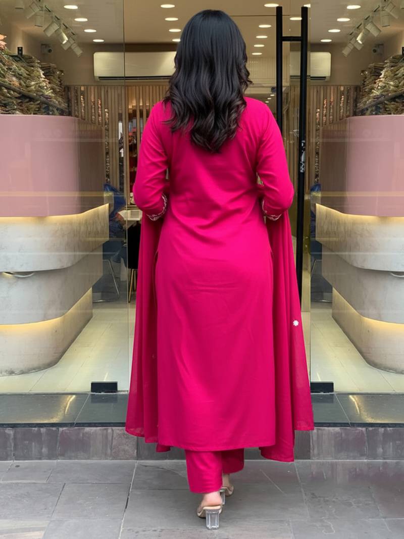 Rani pink p.v chanderi heavy thread embroidery work kurta pant set