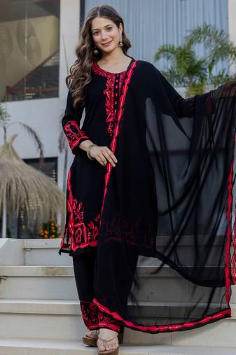 Black georgette heavy thread embroidery work kurta pant set
