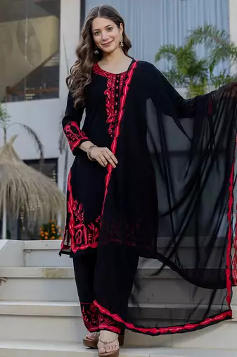 Black georgette heavy thread embroidery work kurta pant set