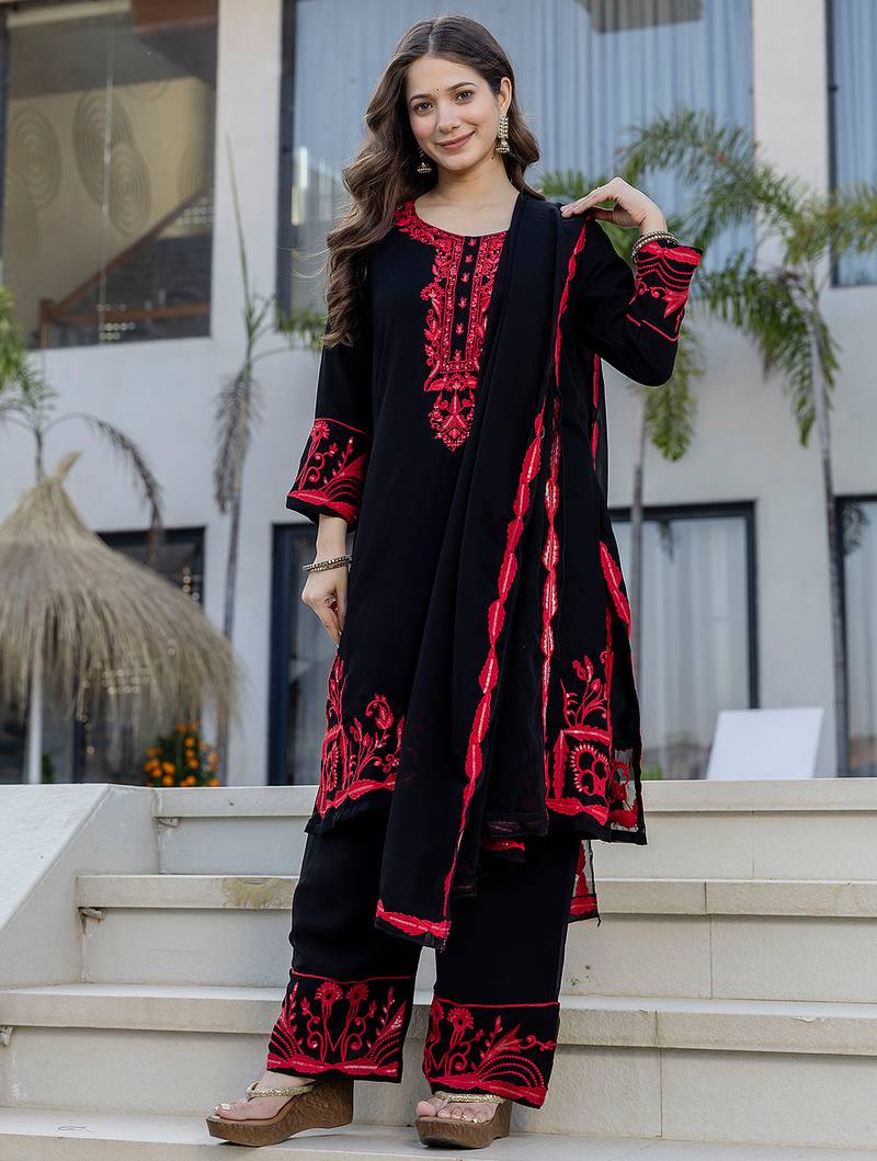 Black georgette heavy thread embroidery work kurta pant set