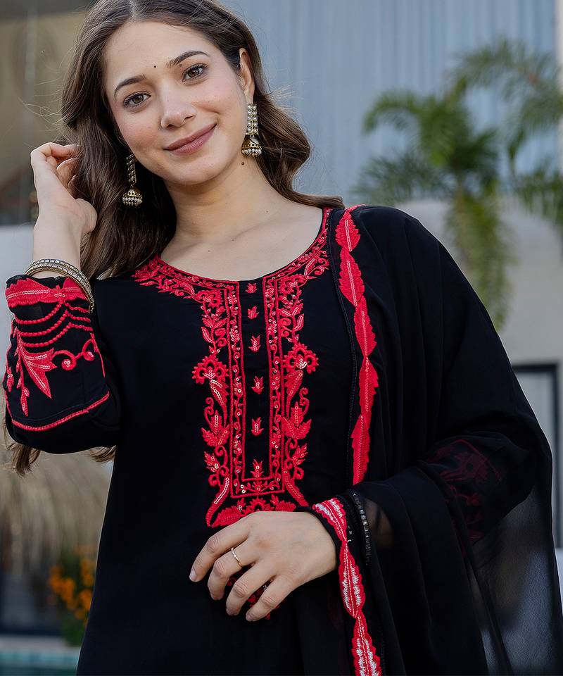 Black georgette heavy thread embroidery work kurta pant set
