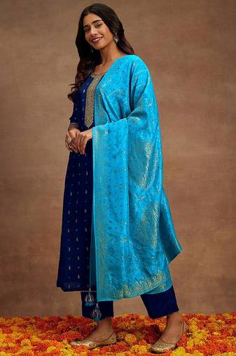 NavyBlue Jaquard Silk Embroidery sequence Work Kurta Pant With Dupatta