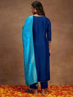 navy blue silk kurta pant with embroidery 2