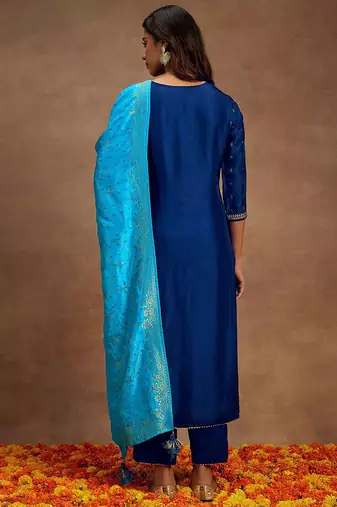 navy blue silk kurta pant with embroidery