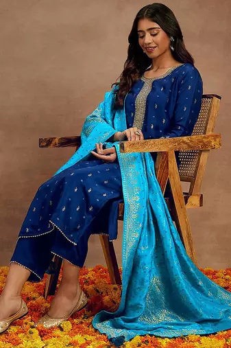 navy blue silk kurta pant with embroidery