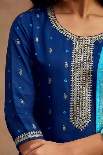 navy blue silk kurta pant with embroidery