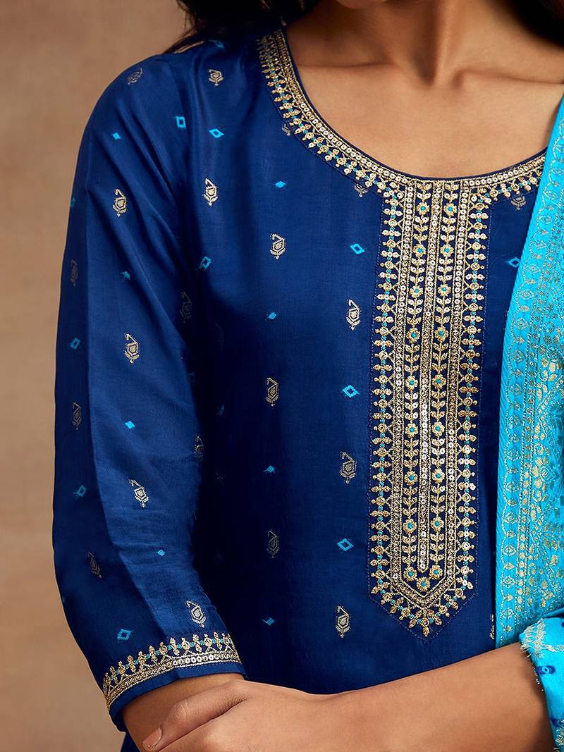 NavyBlue Jaquard Silk Embroidery sequence Work Kurta Pant With Dupatta