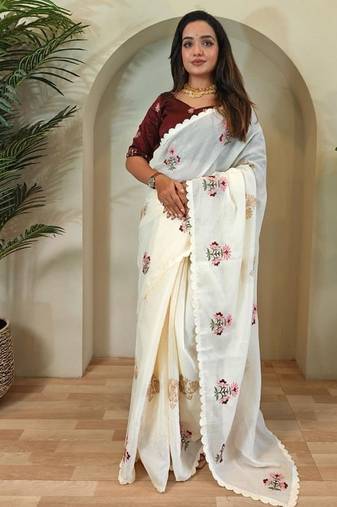 White kota doriya self weaving with embroidered saree with unstitched blouse