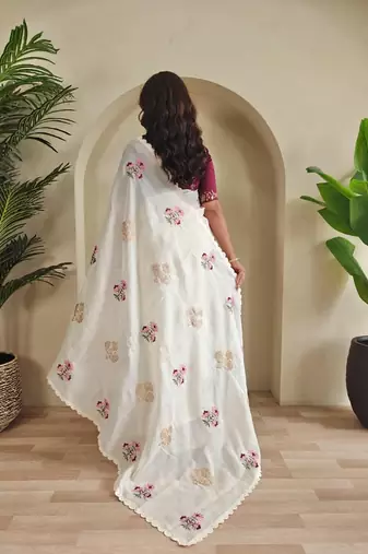 White kota doriya self weaving with embroidered saree with unstitched blouse