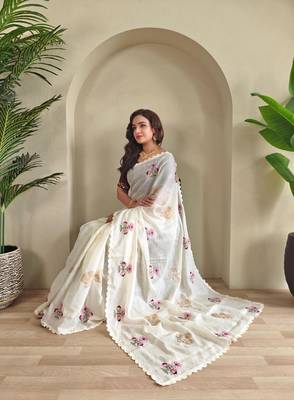 White kota doriya self weaving with embroidered saree with unstitched blouse 3