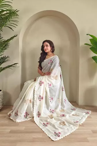 White kota doriya self weaving with embroidered saree with unstitched blouse