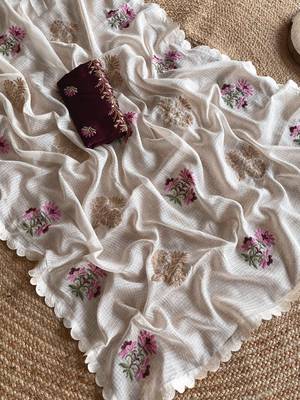 White kota doriya self weaving with embroidered saree with unstitched blouse 5