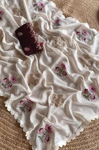 White kota doriya self weaving with embroidered saree with unstitched blouse