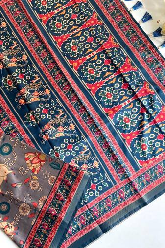 Grey dola viscose digital print saree with unstitched blouse