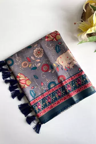 Grey dola viscose digital print saree with unstitched blouse