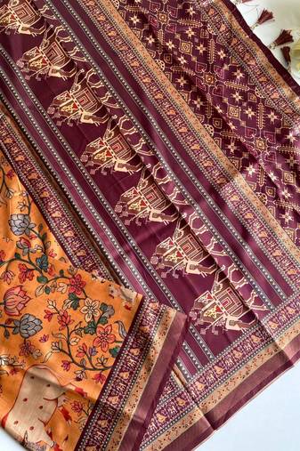 Orange dola viscose digital print saree with unstitched blouse