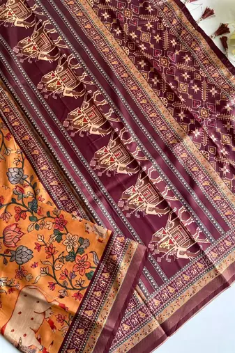 Orange dola viscose digital print saree with unstitched blouse