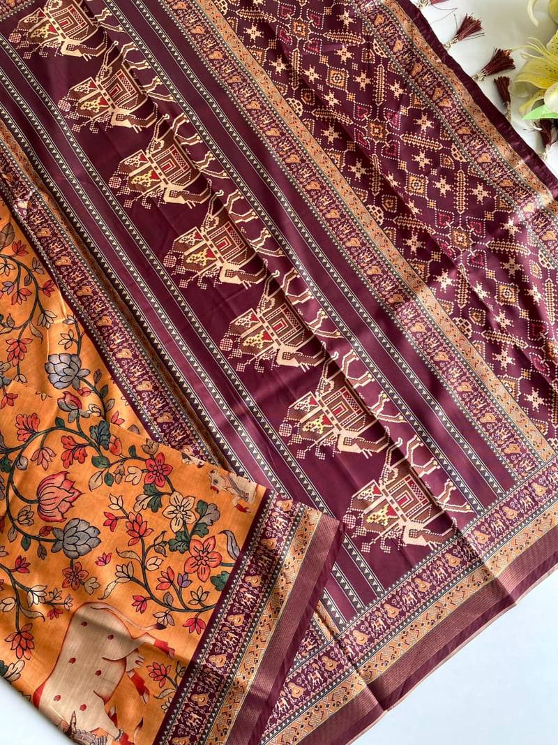 Orange dola viscose digital print saree with unstitched blouse