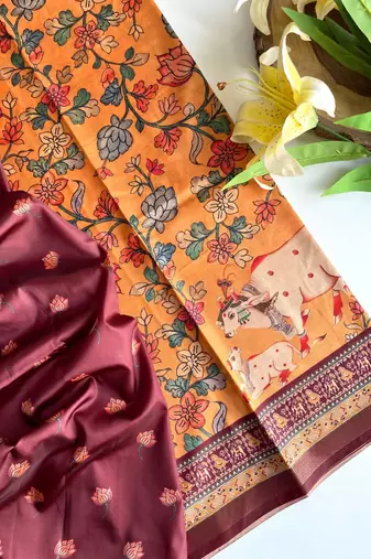 Orange dola viscose digital print saree with unstitched blouse