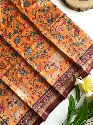 Orange dola viscose digital print saree with unstitched blouse 3