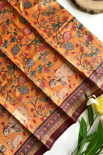 Orange dola viscose digital print saree with unstitched blouse