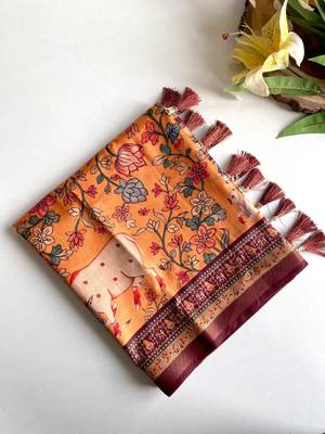Orange dola viscose digital print saree with unstitched blouse 4