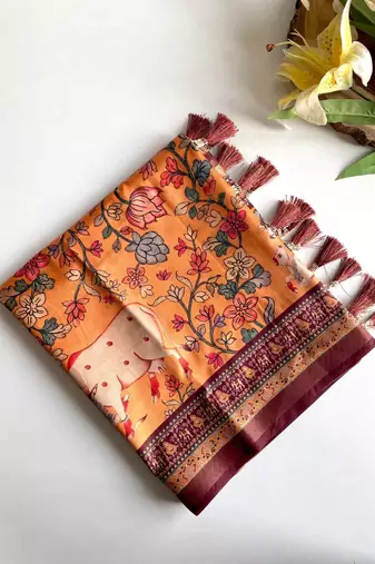Orange dola viscose digital print saree with unstitched blouse