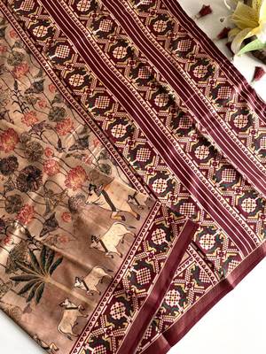 Beige dola viscose digital print saree with unstitched blouse 1