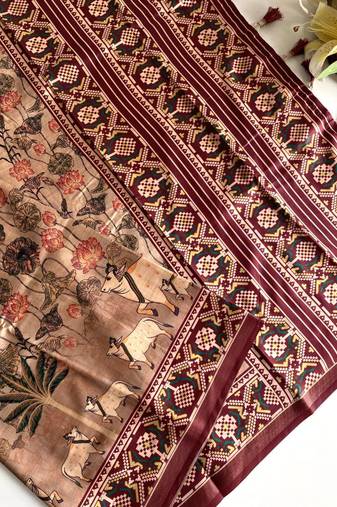 Beige dola viscose digital print saree with unstitched blouse