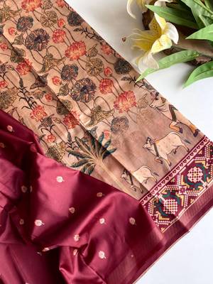 Beige dola viscose digital print saree with unstitched blouse 2