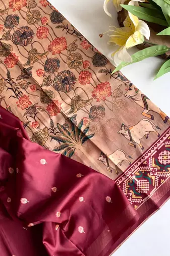 Beige dola viscose digital print saree with unstitched blouse