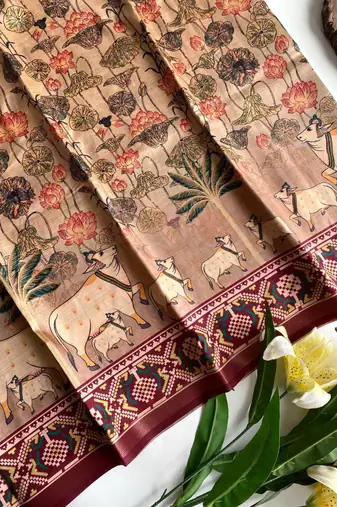 Beige dola viscose digital print saree with unstitched blouse