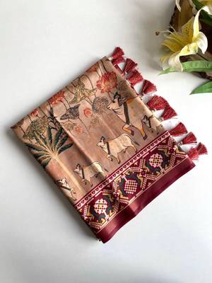 Beige dola viscose digital print saree with unstitched blouse 4
