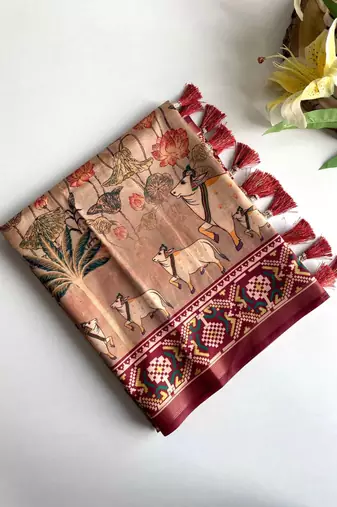 Beige dola viscose digital print saree with unstitched blouse