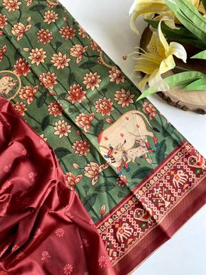 Green dola viscose digital print saree with unstitched blouse 2