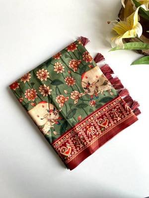 Green dola viscose digital print saree with unstitched blouse 4