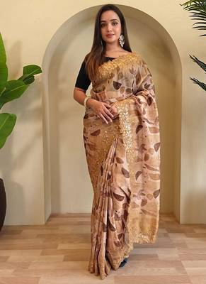 Mustard handcrafted organza with digital print saree with unstitched blouse 1
