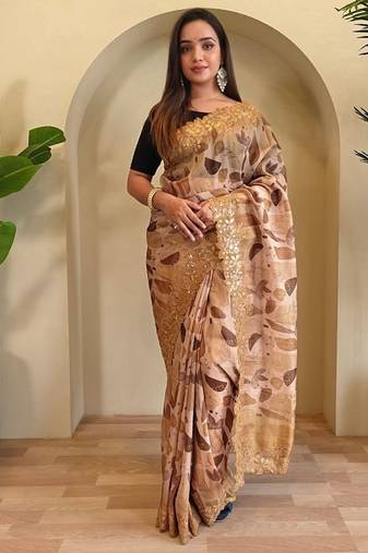 Mustard handcrafted organza with digital print saree with unstitched blouse