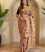 Mustard handcrafted organza with digital print saree with unstitched blouse