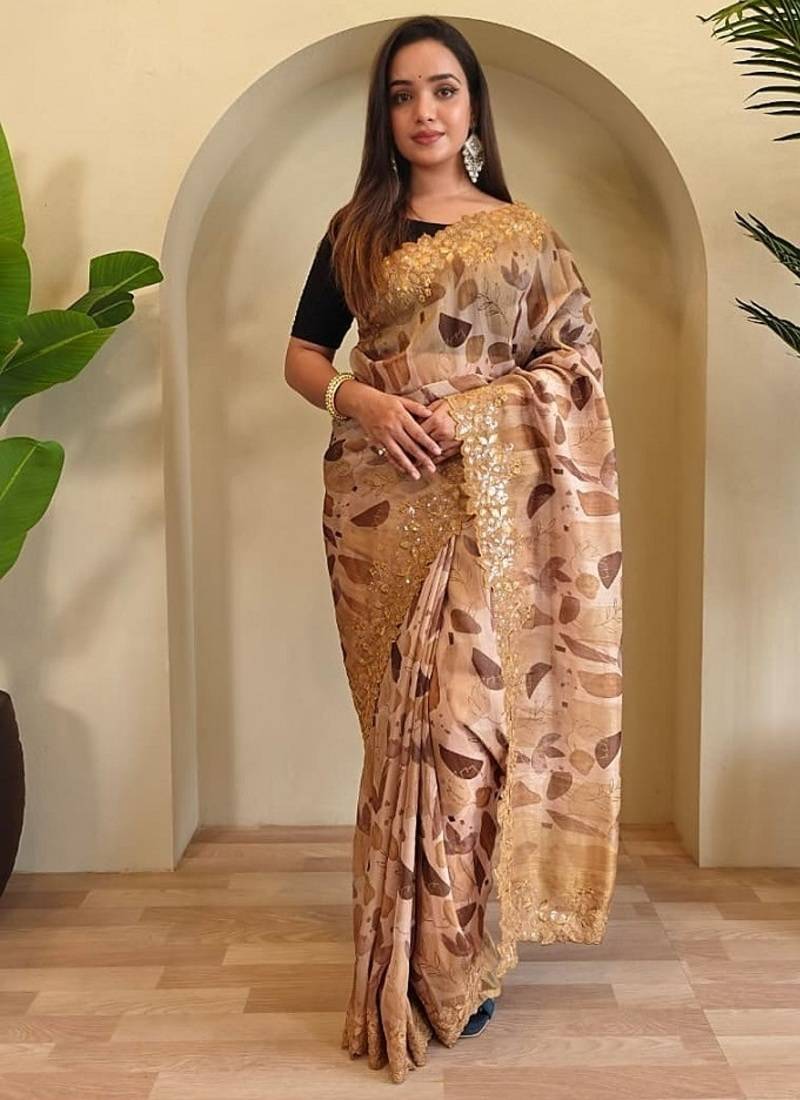 Mustard handcrafted organza with digital print saree with unstitched blouse